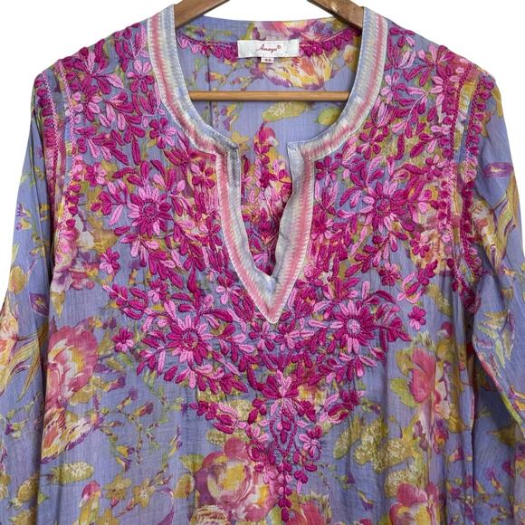 Amaya Size 44 Large Hand Block Printed Embroidered Floral Tunic Blouse - Picture 2 of 9
